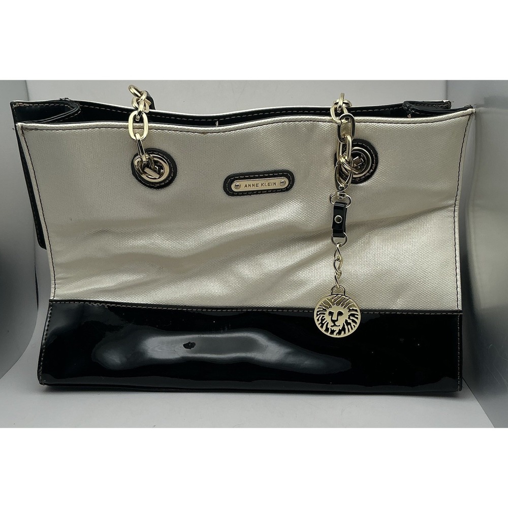 Anne Klein Cream Black Patent Leather Tote Bag Lion Charm Shoulder Bag GoldChain